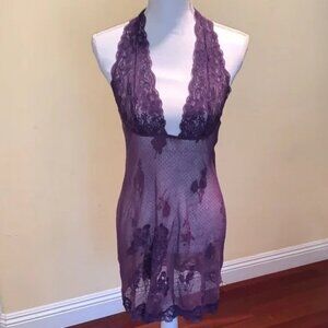 Frederick’s of Hollywood Lace Halter Chemise Purple Negligee Sexy Sheer Babydoll